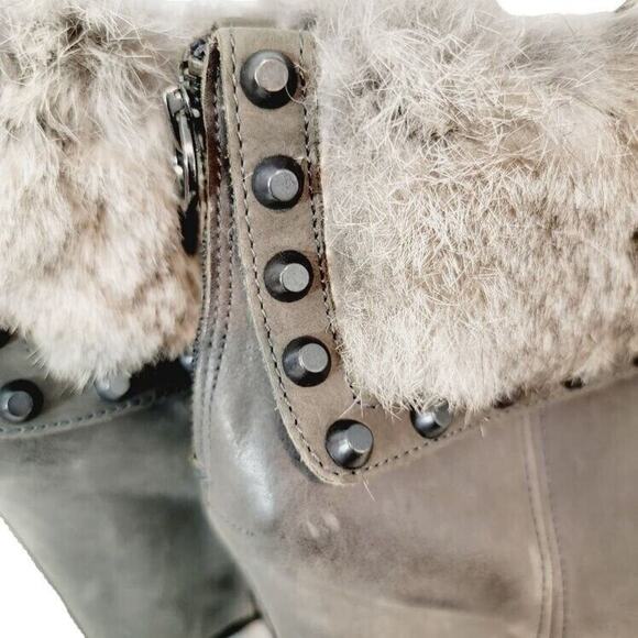 ASH Wedge Ankle Boots Women's Leather Fur Cuff Zip Studs Sz 7.5 EU 38 Gray Taupe - Picture 6 of 13